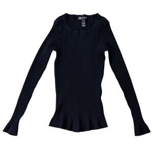 INC International Concepts Ribbed Scoop Neck Long-Sleeve Black Top Medium